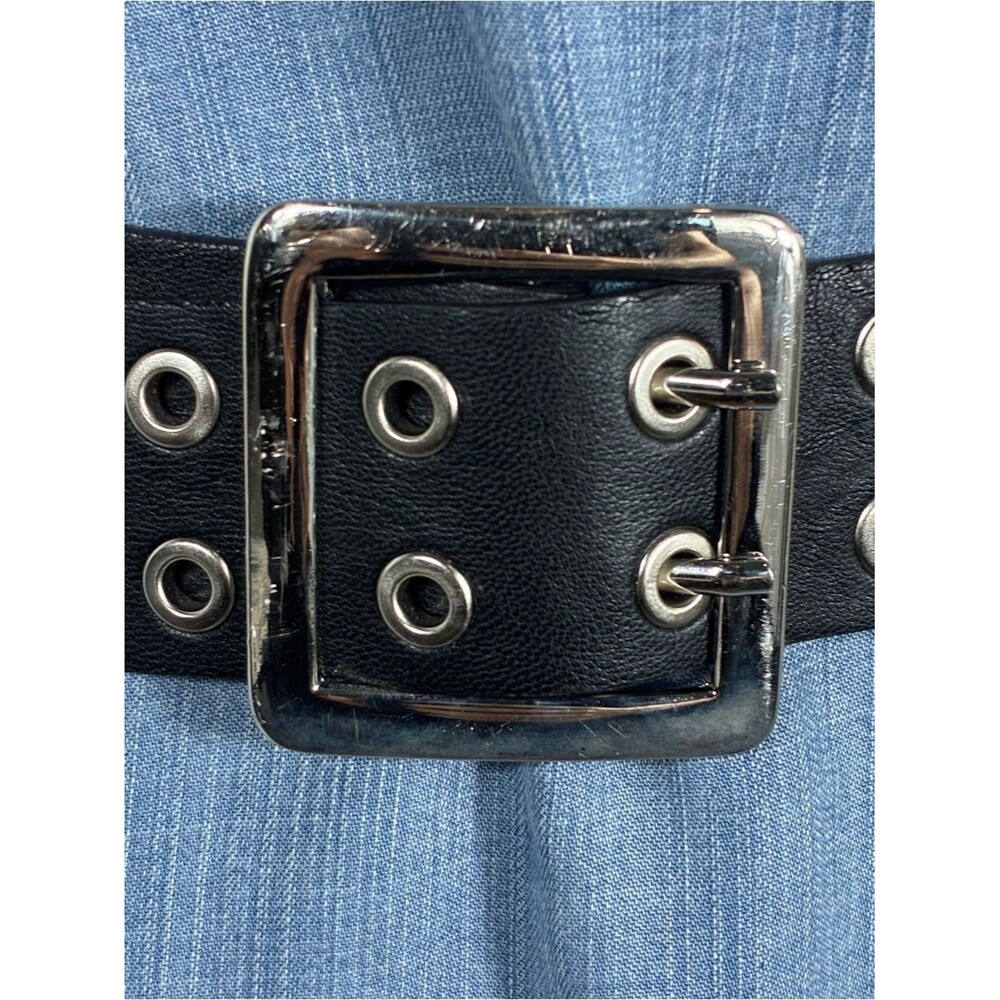 Womens belt Black faux Leather Belt double silver eyelets 34” long Y2K punk goth